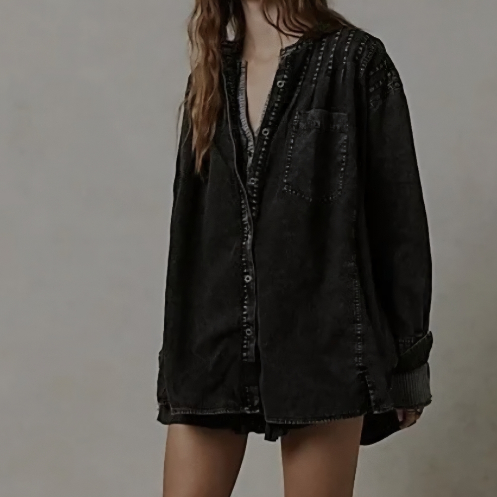We The Free People XL Tuck Shirt Slouchy Denim Grunge Boho Black Jean Oversized